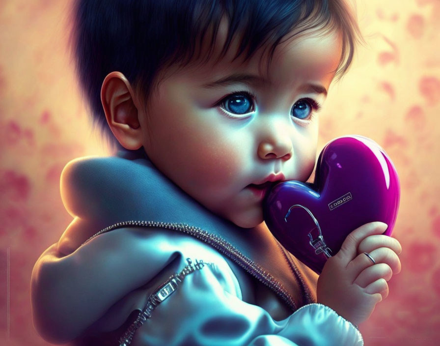 Toddler with Big Blue Eyes Holding Purple Heart-Shaped Object