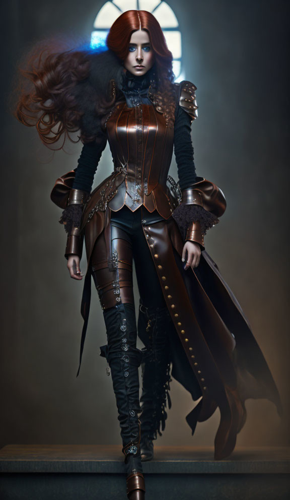 Fantasy armor-clad woman in long coat and thigh-high boots.