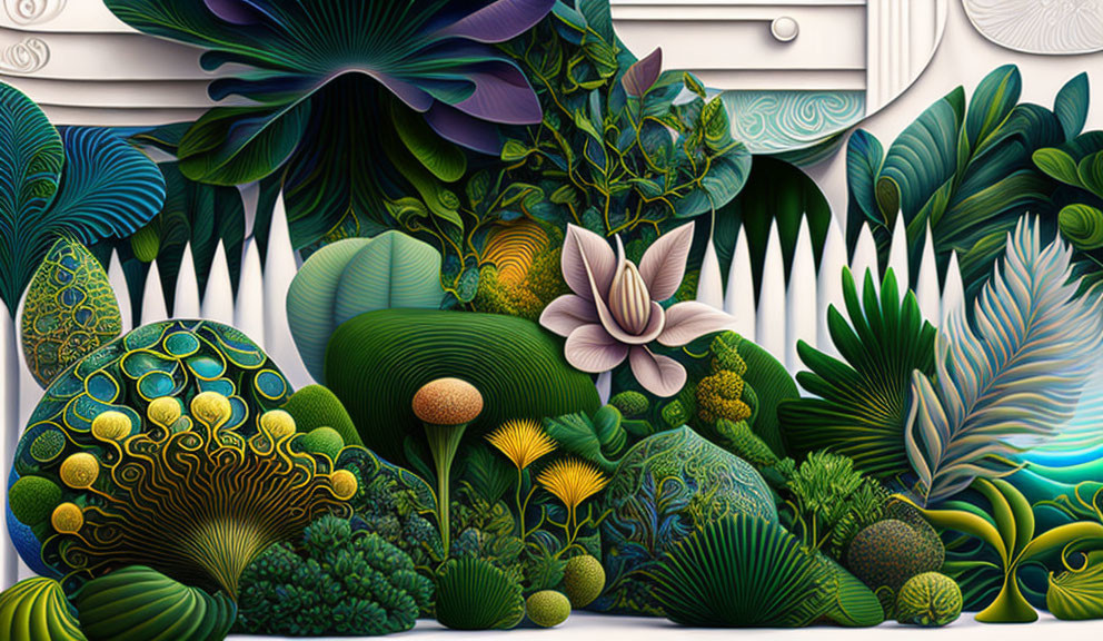 Detailed digital artwork of lush tropical flora in shades of green, yellow, and purple