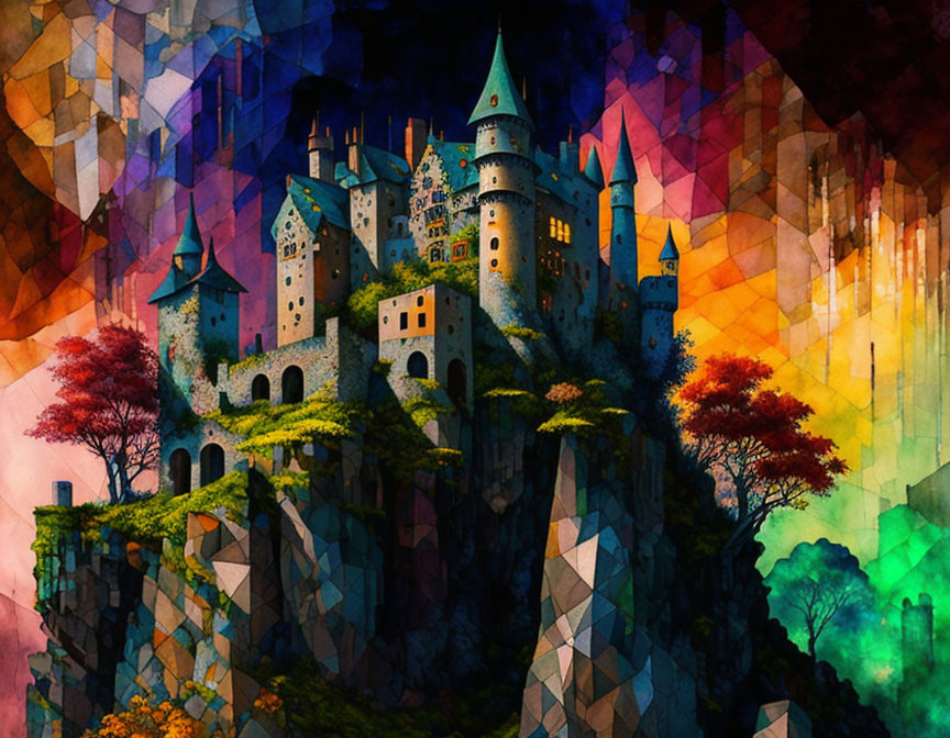 Colorful digital art: Fantastical castle on rocky cliff with autumn trees & abstract sky