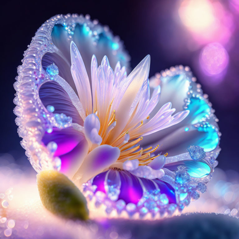 Fantastical glowing flower with water droplets on soft purple and blue background