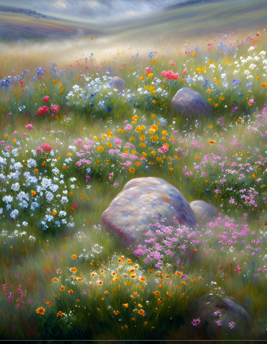 Colorful Wildflower Field with Rocks in Soft Glow