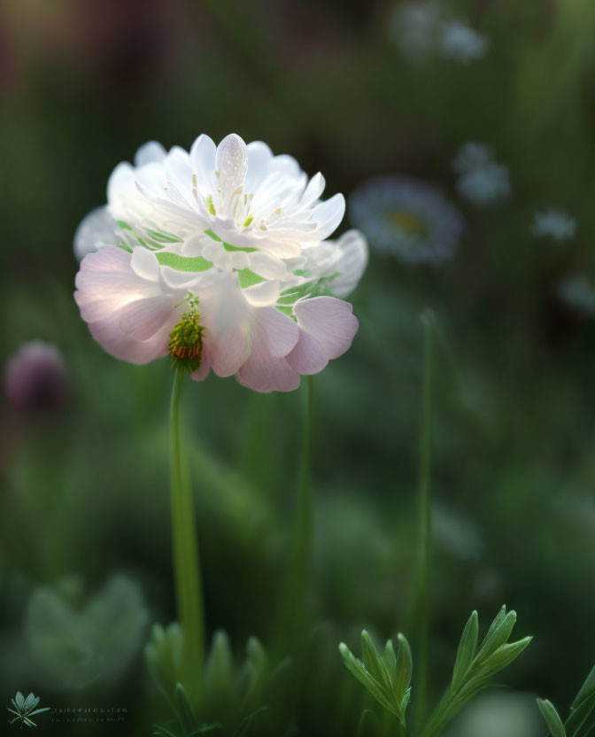 Delicate white flower with pink undertones on soft green background