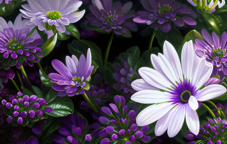 Purple and White Floral Scene with Detailed Petals and Lush Greenery