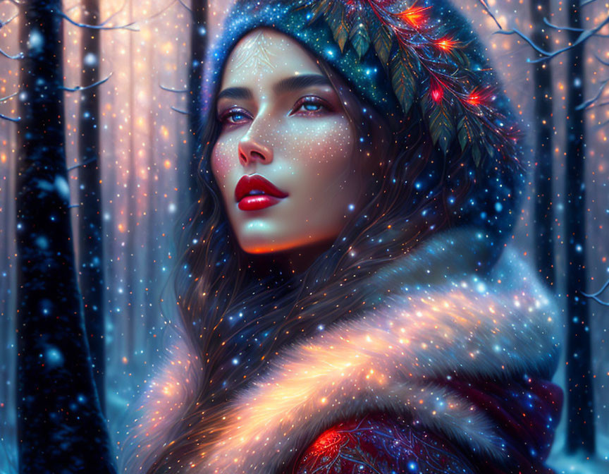 Digital artwork: Woman with glowing skin and colorful hair lights in snowy forest.