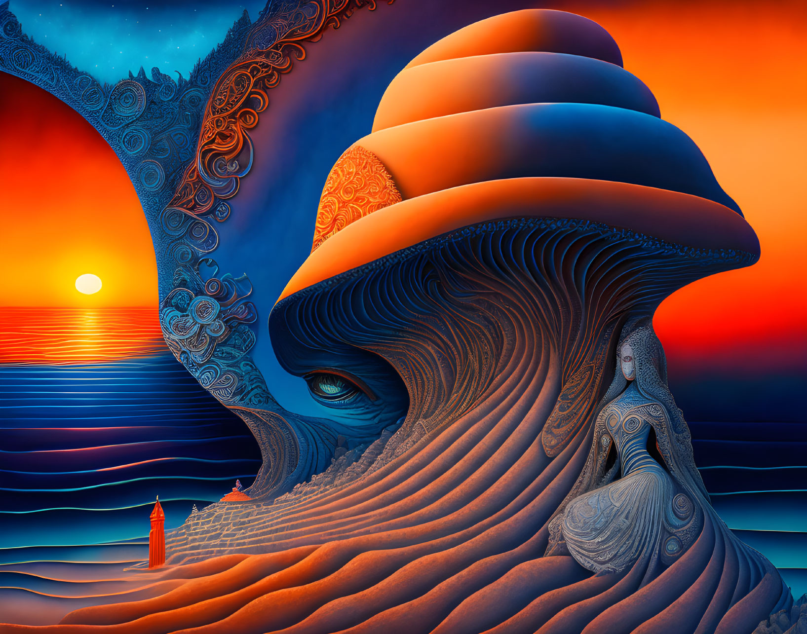 Surreal artwork of ornate figure at sunset by sea