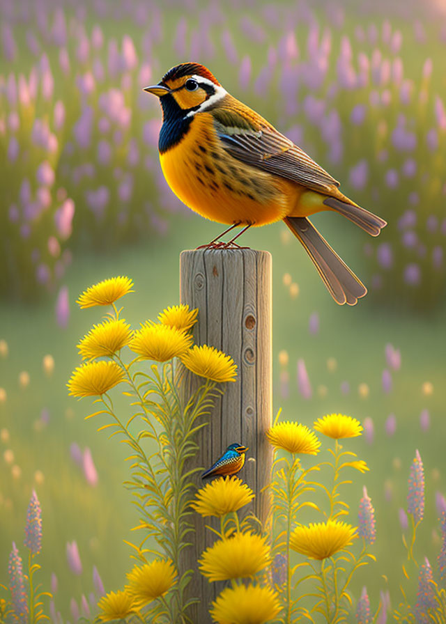 Colorful Bird Perched on Wooden Post in Meadow Scene