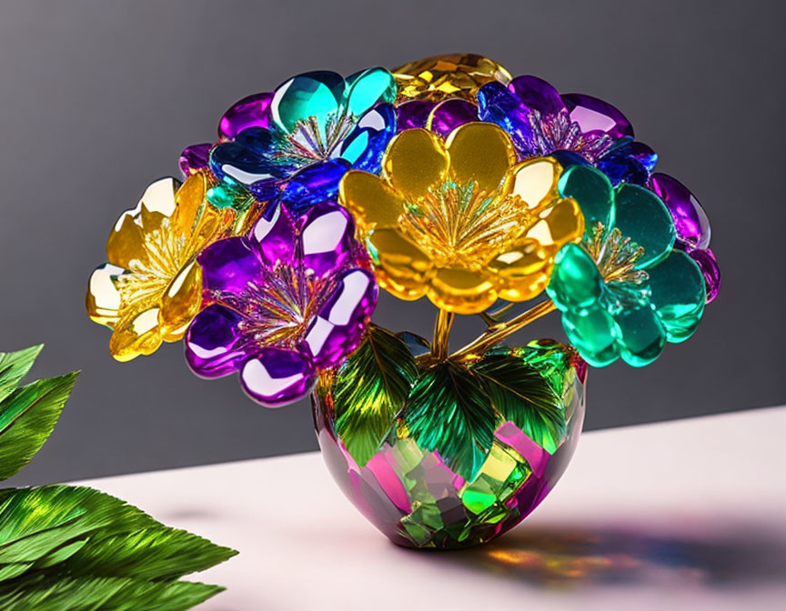 Vibrant crystal flower arrangement on reflective surface with blue, purple, green, and gold hues,