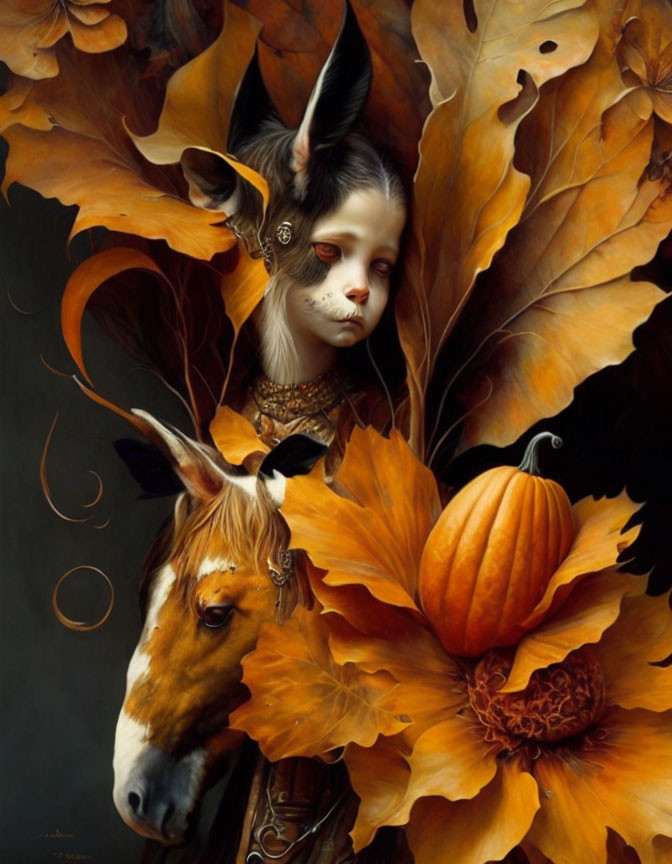 Fantasy Artwork: Melancholic Girl with Animal Ears in Autumn Setting