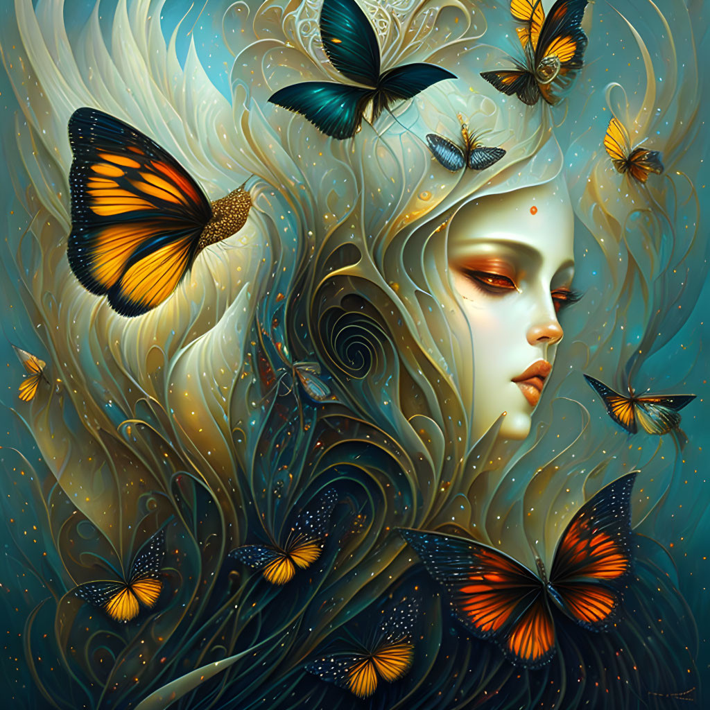 Pale-skinned woman with swirling hair and butterfly adornments on golden, blue, and teal background.