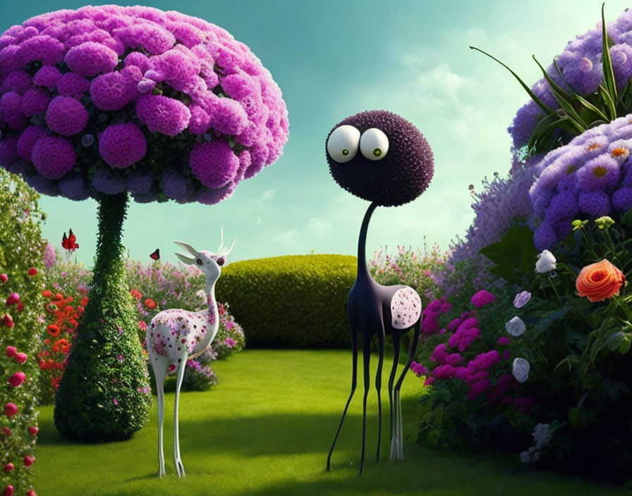 Whimsical garden scene with stylized creatures and colorful flora