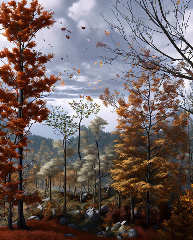 Autumn forest scene with vibrant orange leaves and scattered trees