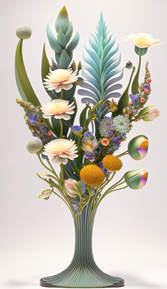 Intricate digital artwork: Vase with stylized flowers in pastel colors