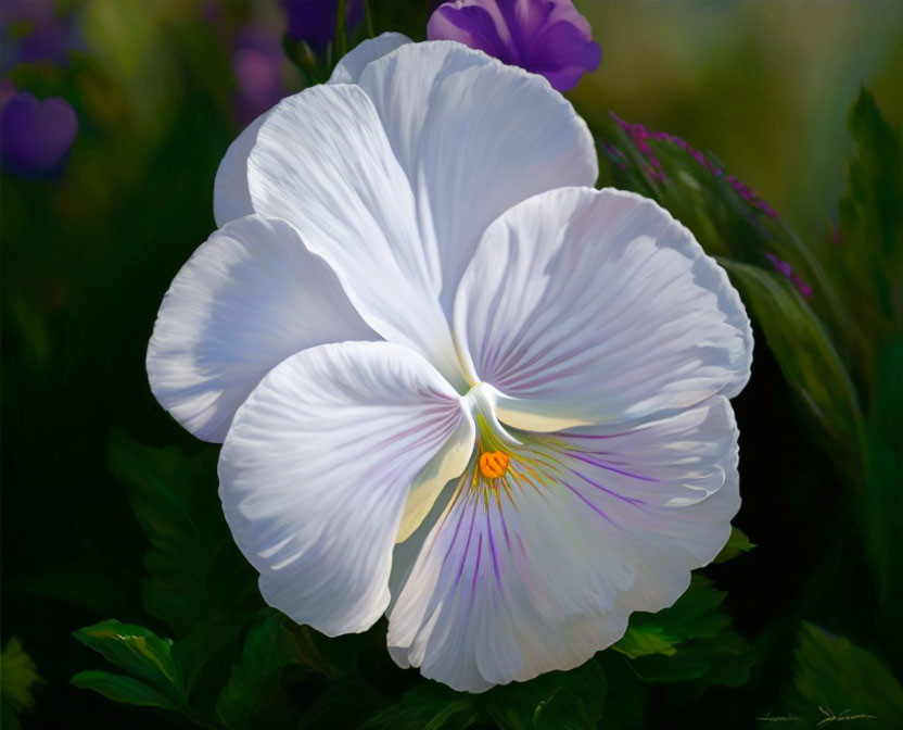 Delicate white pansy with purple streaks in soft-focus floral background