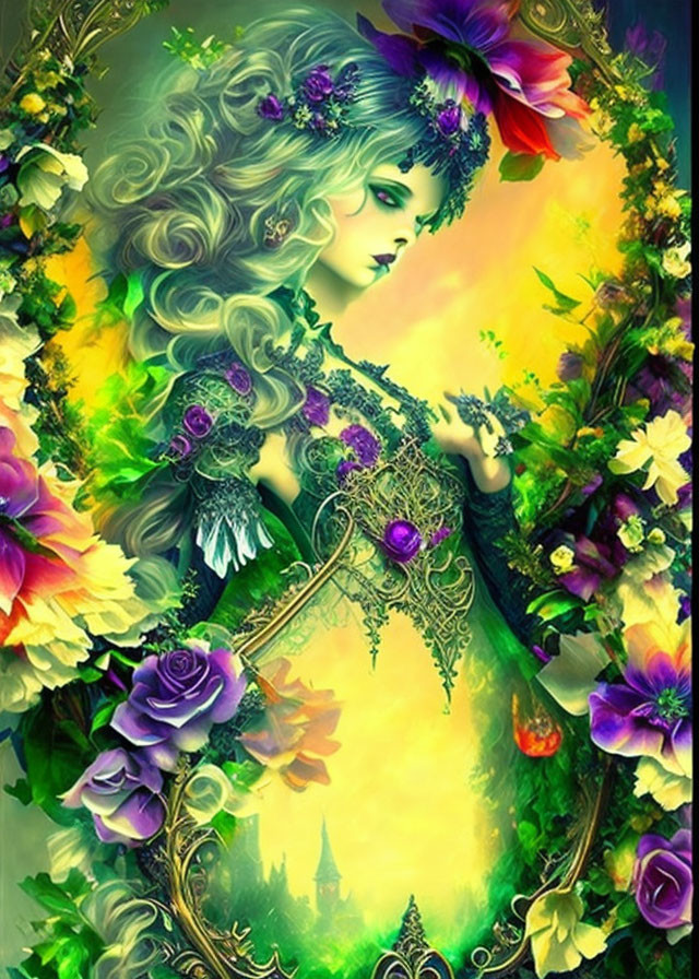 Fantasy female figure with purple and red flowers, greenery, and castle in background