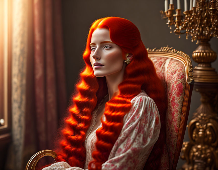 Red-haired woman sitting in elegant chair with sunlight highlighting her curls.