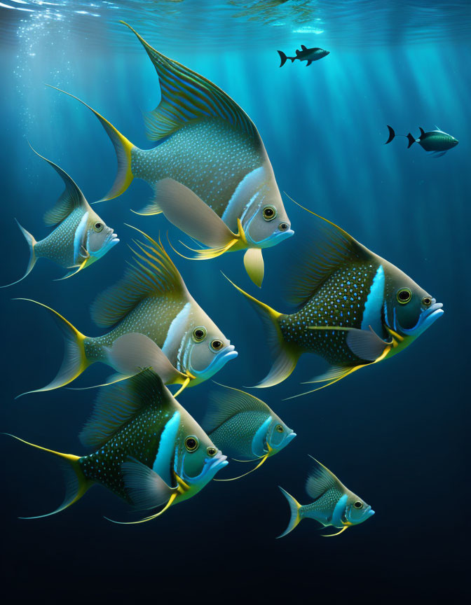 School of Yellow-Tailed Fish in Sunlit Underwater Scene