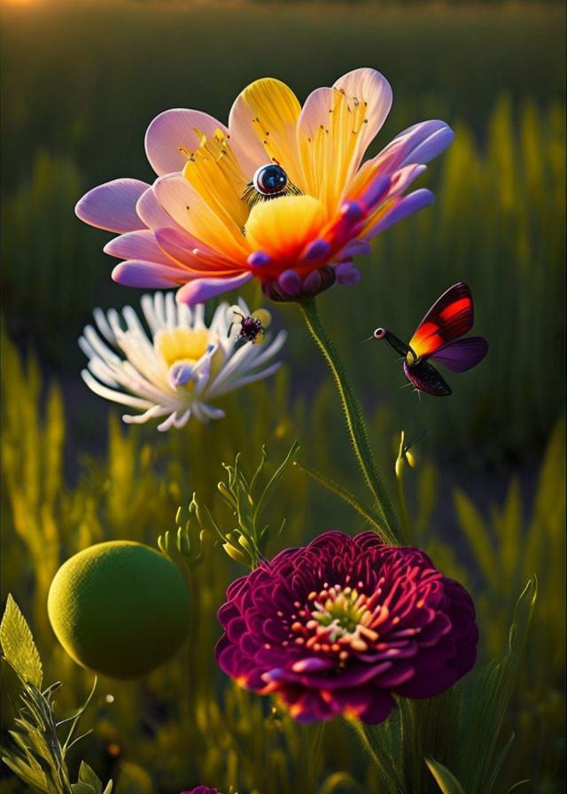 Colorful flowers, bee, butterfly, and fruit in sunlit field