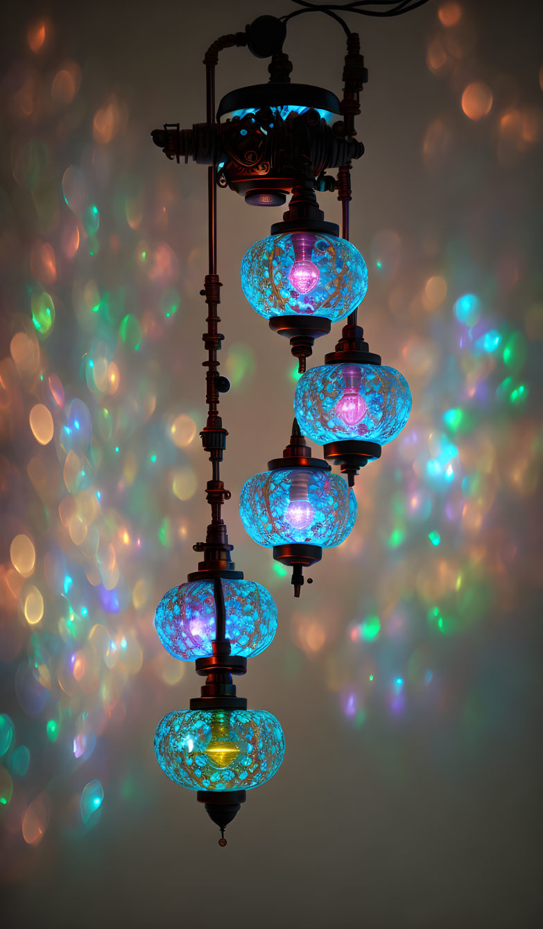 Vintage Chandelier with Colorful Glass Globes Illuminated