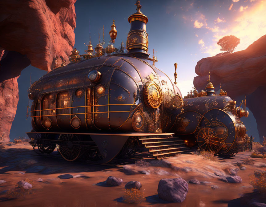 Steampunk-style locomotive on desert tracks with ornate gold detailing