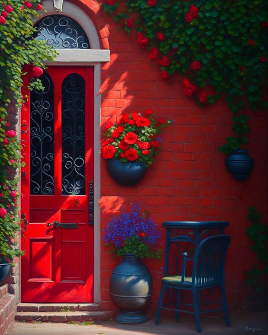 Vibrant red door with black details, red brick wall, green ivy, flowers, and