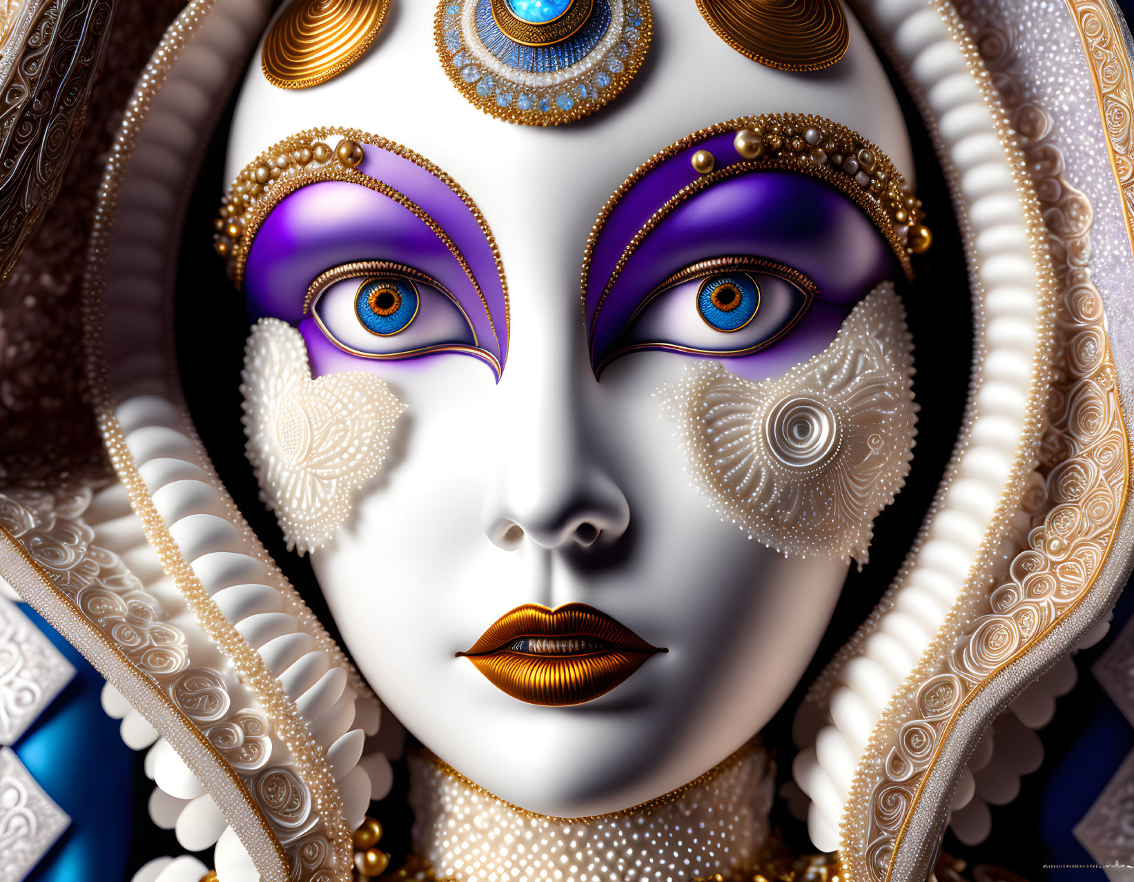 Detailed surreal humanoid face with white skin and ornate decorations