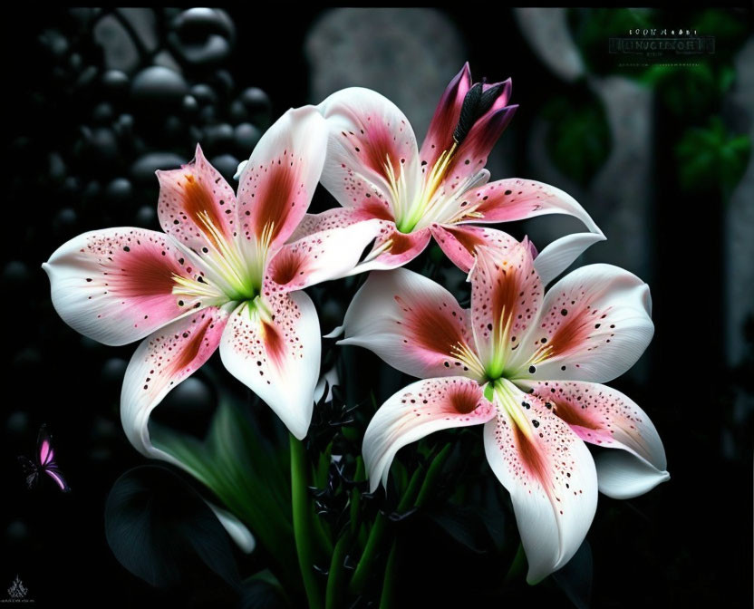 Three Pink and White Lilies with Speckled Petals on Dark Background