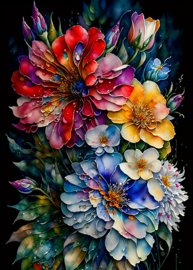 Multicolored Flower Bouquet with Water Droplets on Dark Background