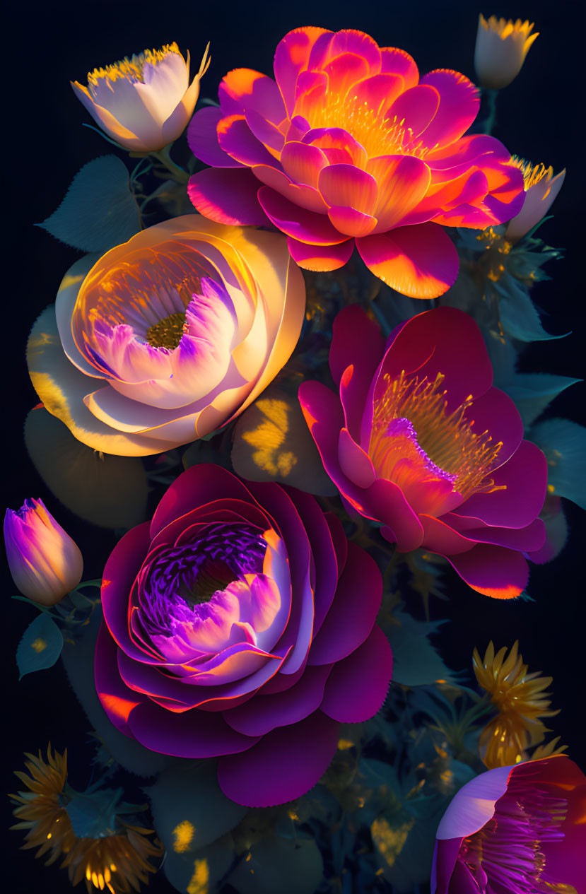 Colorful Neon Flowers on Dark Background: Vivid Magenta to Bright Yellow