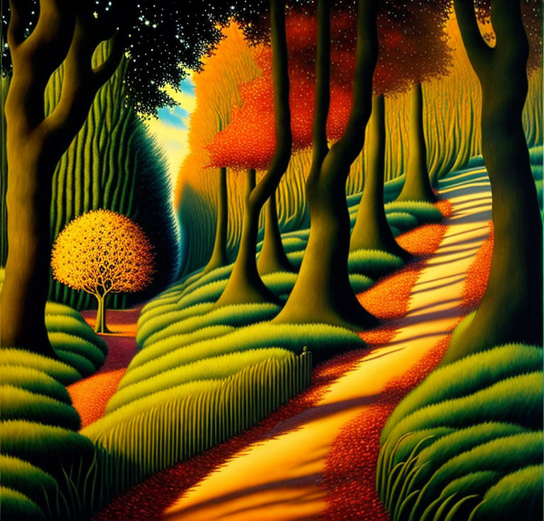 Colorful Fantasy Forest Painting with Tall Trees and Starry Sky