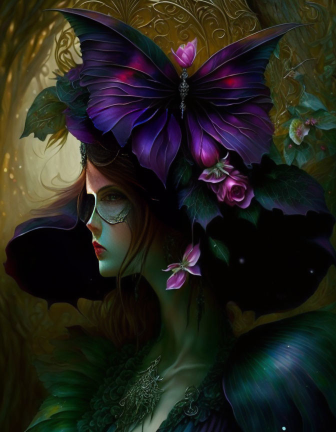 Person with Butterfly Wings for Ears in Floral Fantasy Portrait