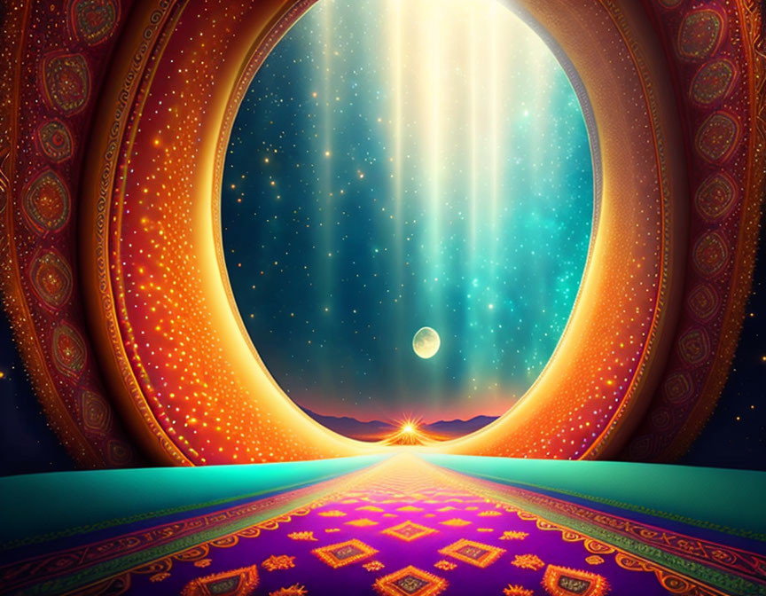 Colorful illustration: Mystical portal to starlit desert sky