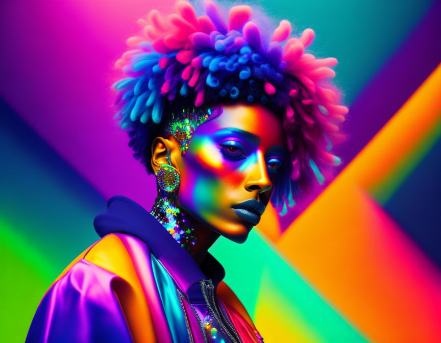 Colorful Woman Portrait with Vibrant Makeup on Striped Background