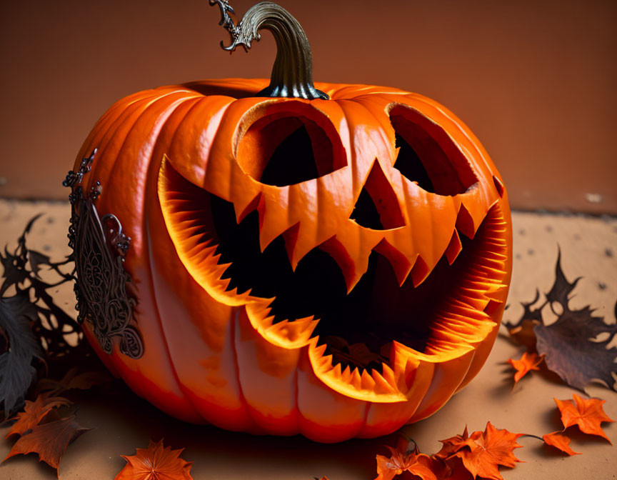 Scary face carved pumpkin with autumn leaves on brown background