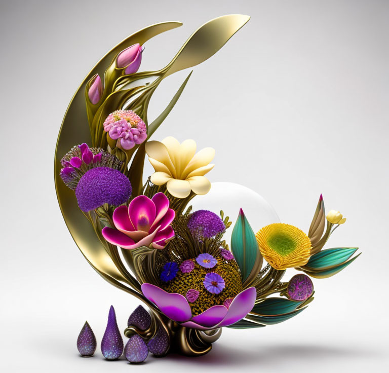 Colorful 3D floral arrangement in gold, purple, and yellow