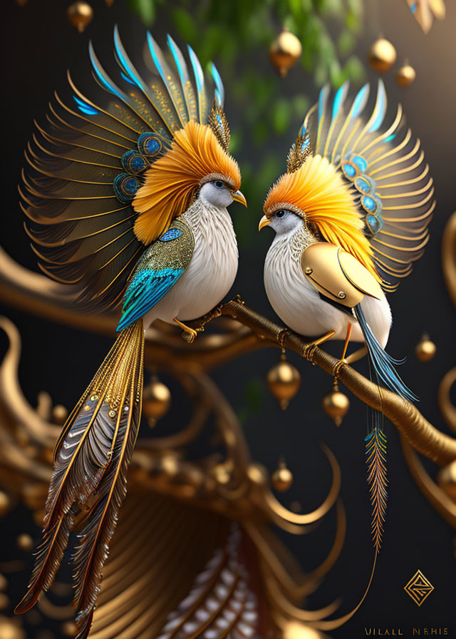 Intricately designed fantastical birds with vibrant feathers and mechanical elements on branch against ornate background