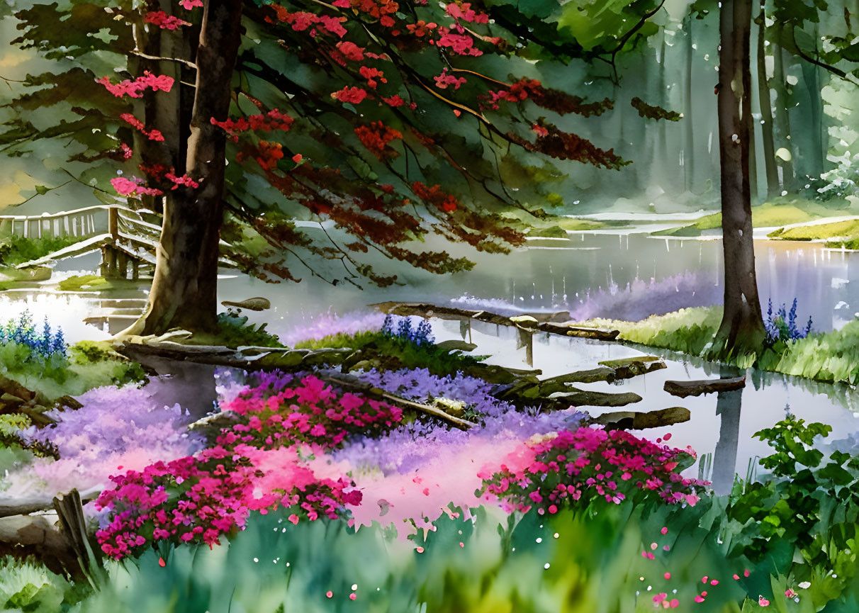 Tranquil forest scene with pink and purple flowers, pond, trees, wooden bridge