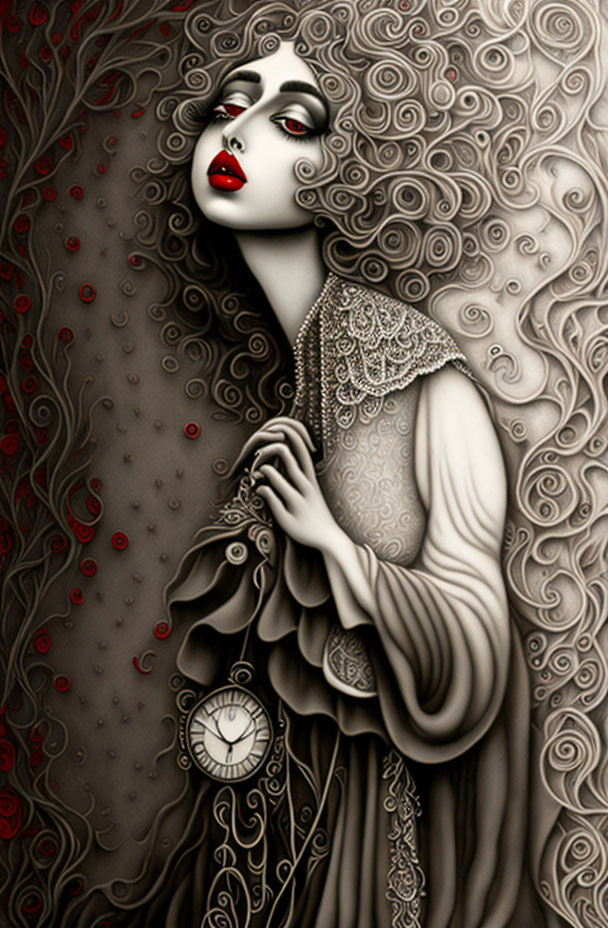 Gothic artwork featuring pale woman with red lips and pocket watch in front of red and grey floral