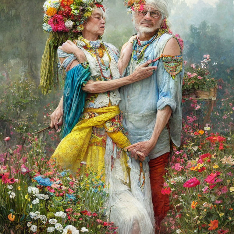 Elderly Couple Embracing in Bohemian Outfits in Colorful Garden