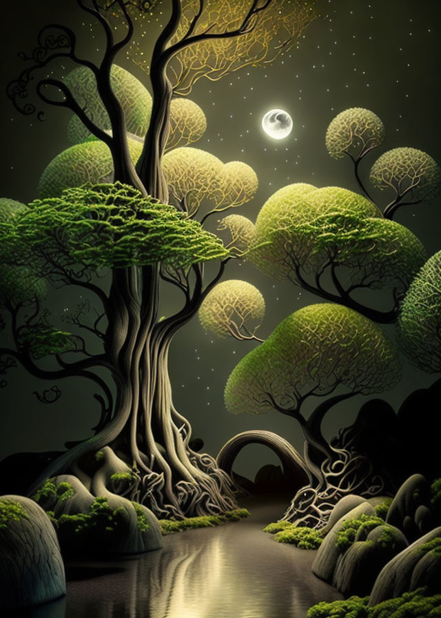 Vibrant green trees and crescent moon in nighttime landscape