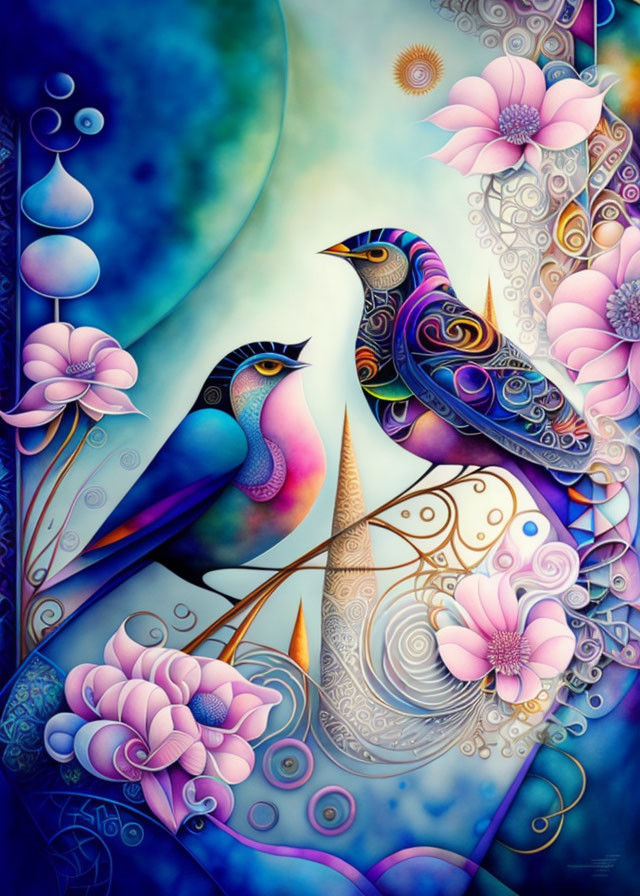 Colorful artwork: Two stylized birds amidst pastel flowers and intricate patterns on blue background