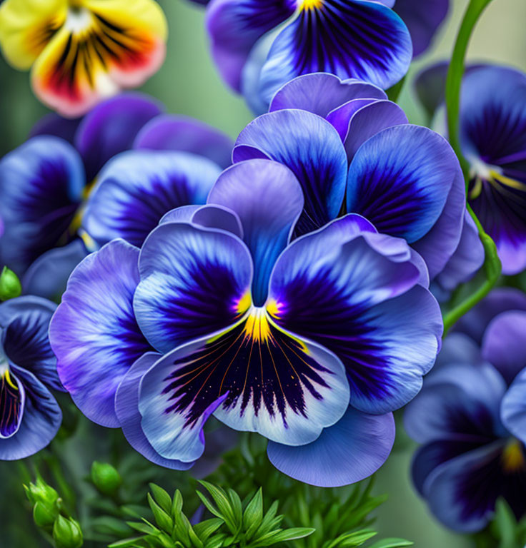 Colorful blue and purple pansy flowers with yellow centers on green backdrop