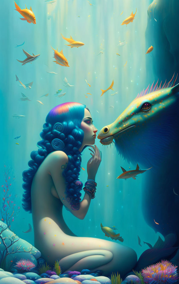 Surreal underwater woman with colorful sea creature