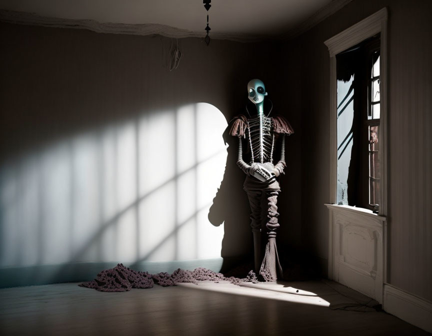 Alien-like skeletal figure in shadowy room with sunlight patterns