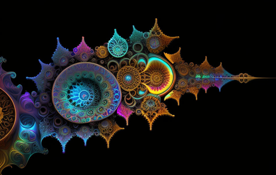 Colorful Fractal Design with Intricate Patterns on Black Background