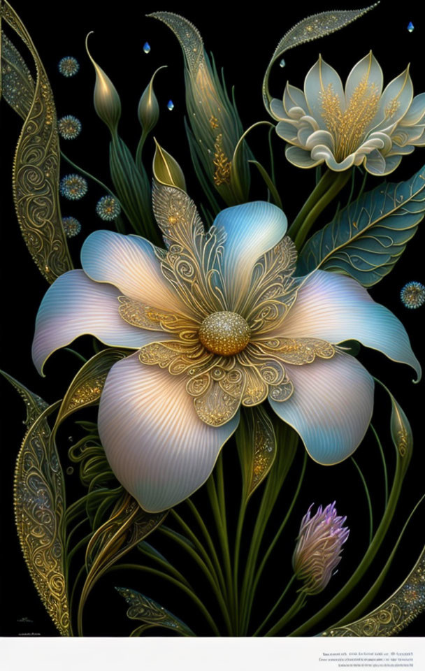 Stylized white flower with gold details on dark background