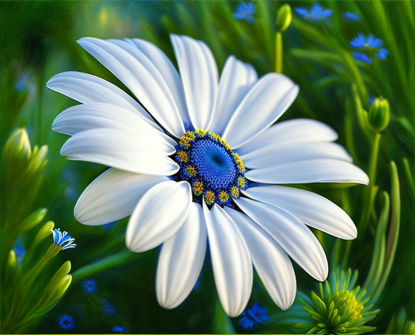 Close-up of Vibrant White Daisy with Yellow and Blue Center