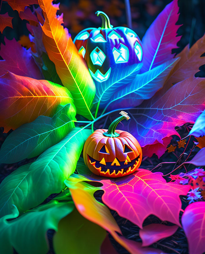 Carved Pumpkins with Blue and Orange Glow in Autumn Setting