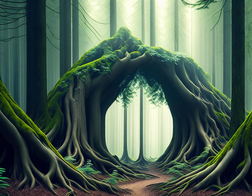 Enchanted forest with intertwined tree roots and misty surroundings