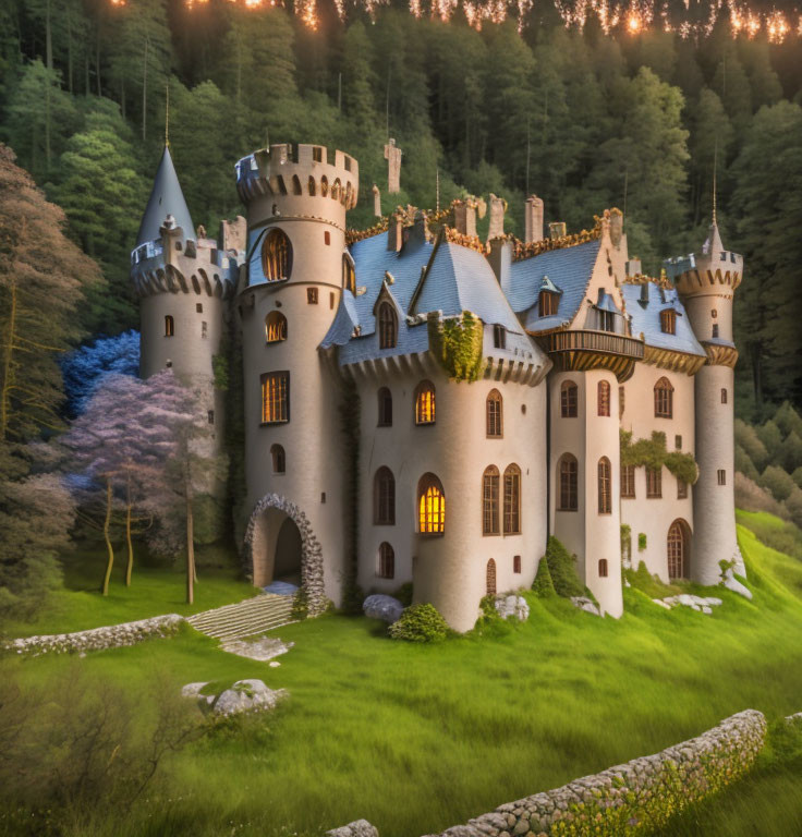 Enchanted castle in lush greenery at dusk or dawn